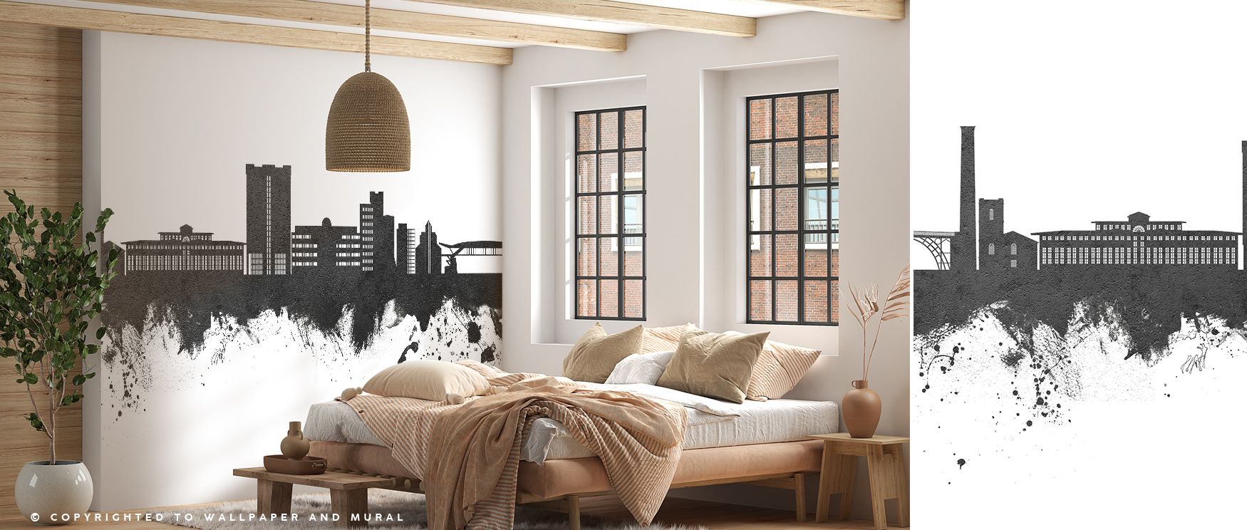 The striking imagery of the Telford England Skyline Black & White Wallpaper captures both heritage and modernity, balancing dark silhouettes against pale backdrops, creating a harmonious flow that transforms interiors into artistic reflections of culture,