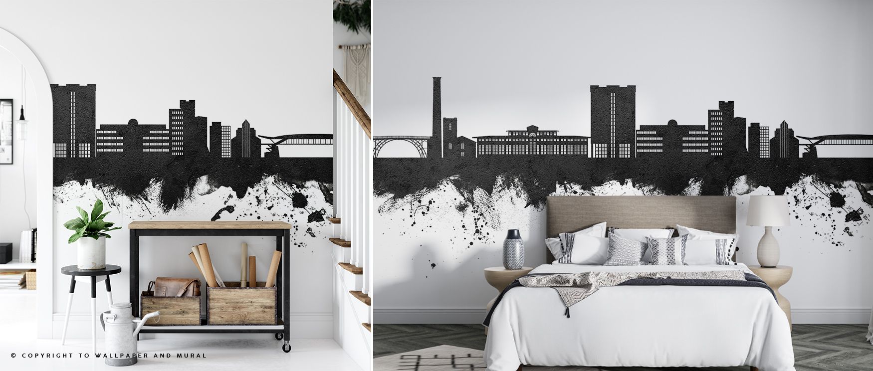 This Telford England Skyline Black & White Wallpaper design frames urban architecture in elegant monochrome, transforming walls into canvases that speak of history and refinement, while bringing a versatile elegance to interiors like offices, bedrooms, or