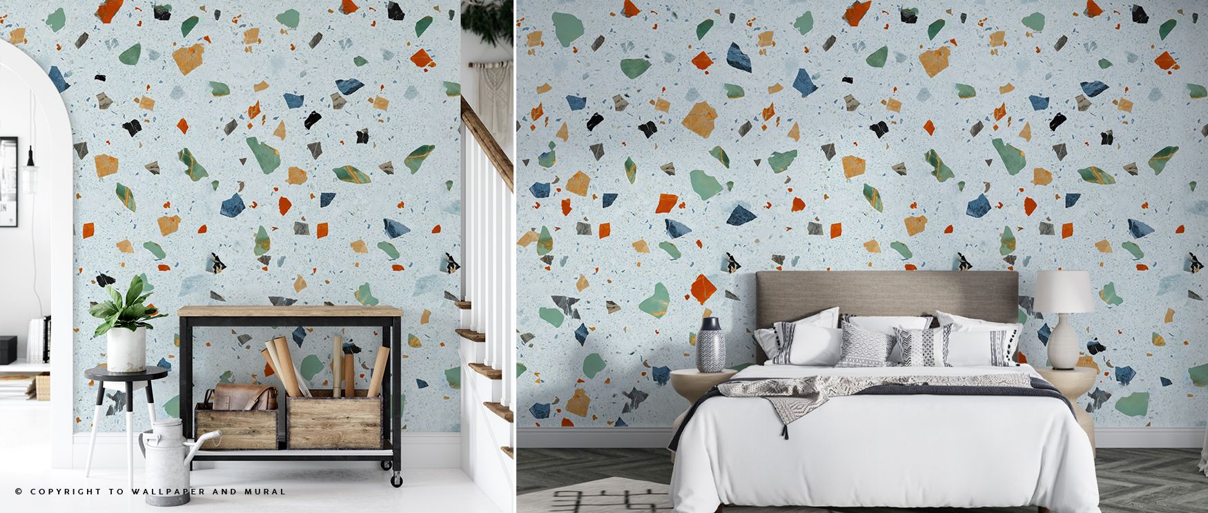 The Terrazzo Multi, Ice Blue Modern Wall Art presents a cool palette of blue and grey fragments, structured into harmonious rhythm that infuses interiors like bedrooms, living rooms, or offices with a calm yet vibrant energy that balances minimalism and b