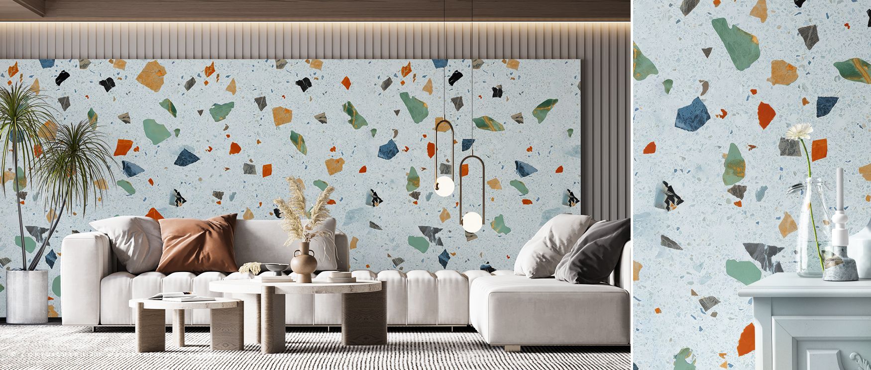 By layering organic terrazzo-inspired forms, the Terrazzo Multi, Ice Blue Modern Wall Art transforms walls into contemporary expressions, energizing living areas, bedrooms, or offices with subtle sophistication and fresh stylistic character that adapts ea
