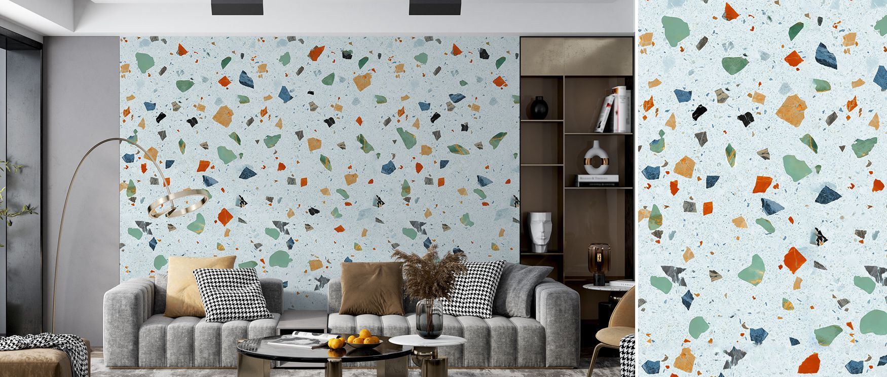 This Terrazzo Multi, Ice Blue Modern Wall Art design captures contemporary artistry within terrazzo fragments, presenting interiors like offices, bedrooms, or living rooms with lively compositions that emphasize both stylish modernity and understated eleg