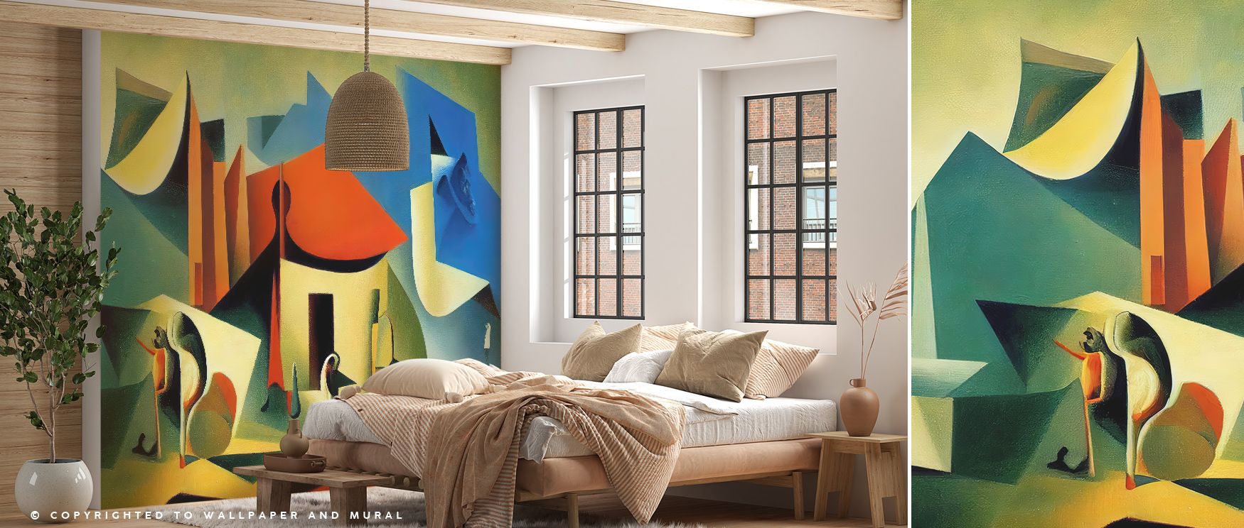 The Cubist Modern Art Wall Design introduces abstract geometry into interiors, where bold shapes and dynamic lines create energy and sophistication, transforming living rooms, bedrooms, or offices with artistic vibrancy and refined cubist expression. 