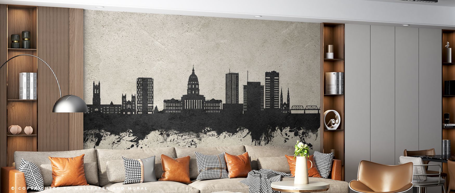 Muted tones define Topeka Wyoming Skyline in Concrete Wallpaper, where architectural forms appear with contemporary grace. Its palette communicates balance and calm, evoking cultural presence and refined character. This design enhances bedrooms, living ro