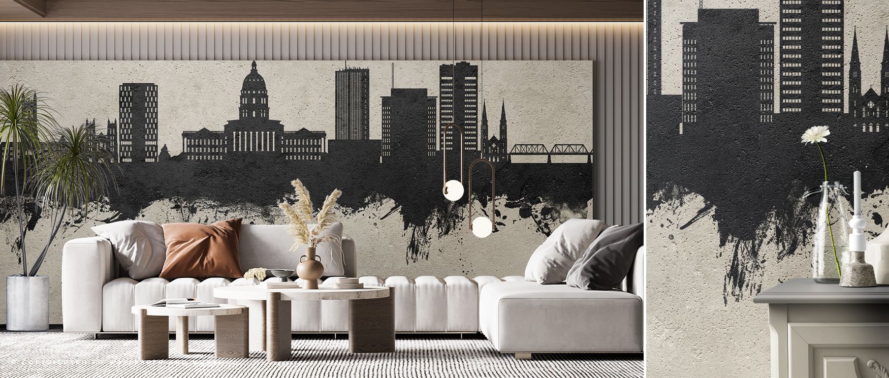 Topeka Wyoming Skyline in Concrete Wallpaper illustrates urban grace through muted tones and balanced silhouettes. Its design reflects timeless calm, portraying the city with understated refinement. The composition enhances bedrooms, living rooms, or offi