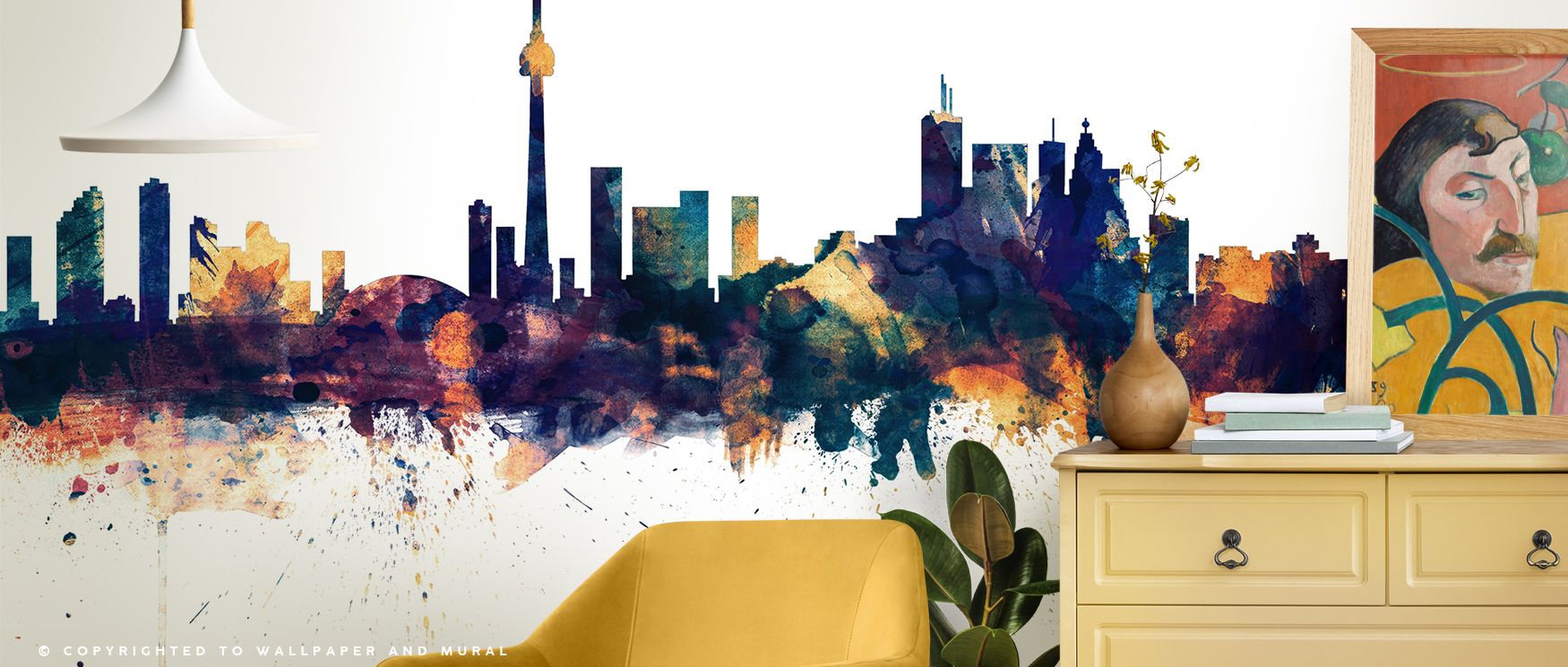 Toronto Canada Skyline with Blue & Bronze Highlights Wallpaper portrays luminous charm where metallic accents illuminate architectural silhouettes. Its palette balances serene blue with radiant bronze, enriching interiors with elegance. Perfect for bedroo
