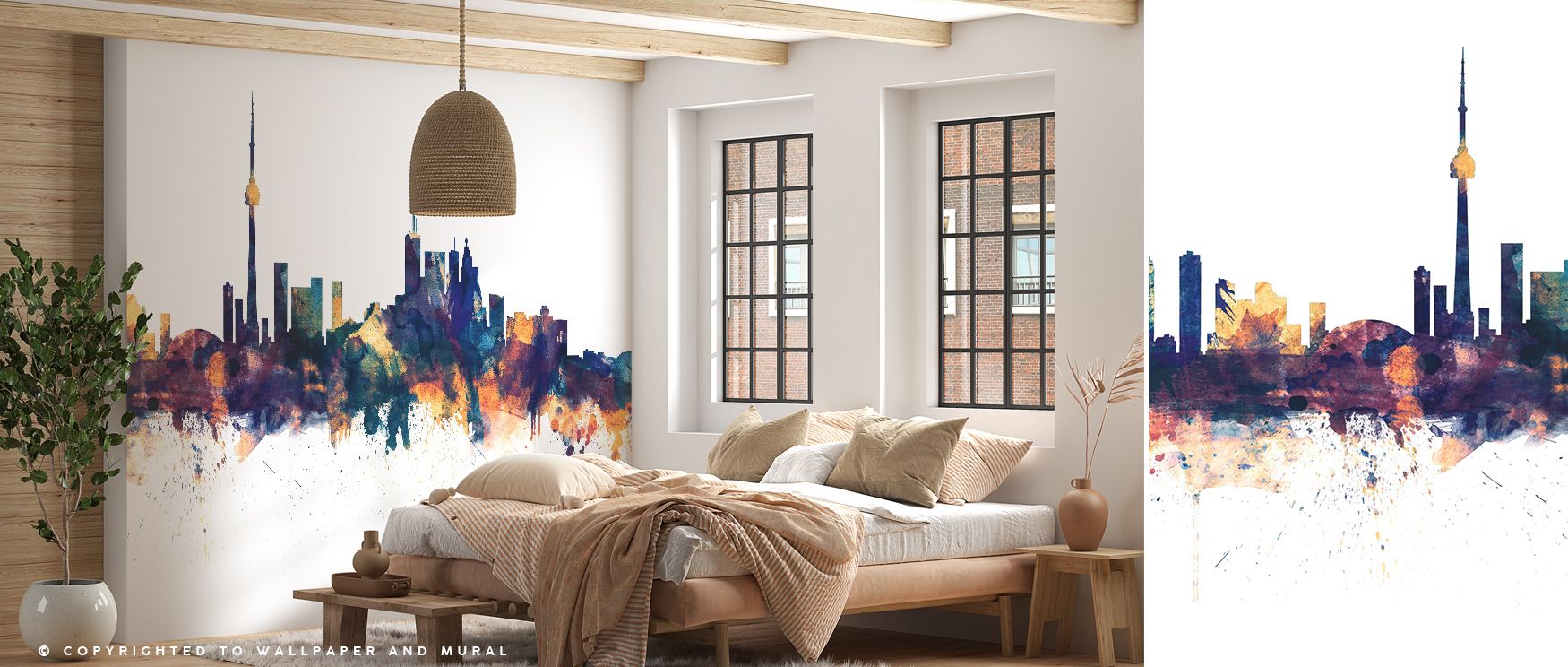 The Toronto Canada Skyline with Blue & Bronze Highlights Wallpaper illustrates refined elegance through luminous contrasts, where serene tones meet glowing highlights. Its composition conveys cultural vibrancy and sophistication. This skyline enhances bed