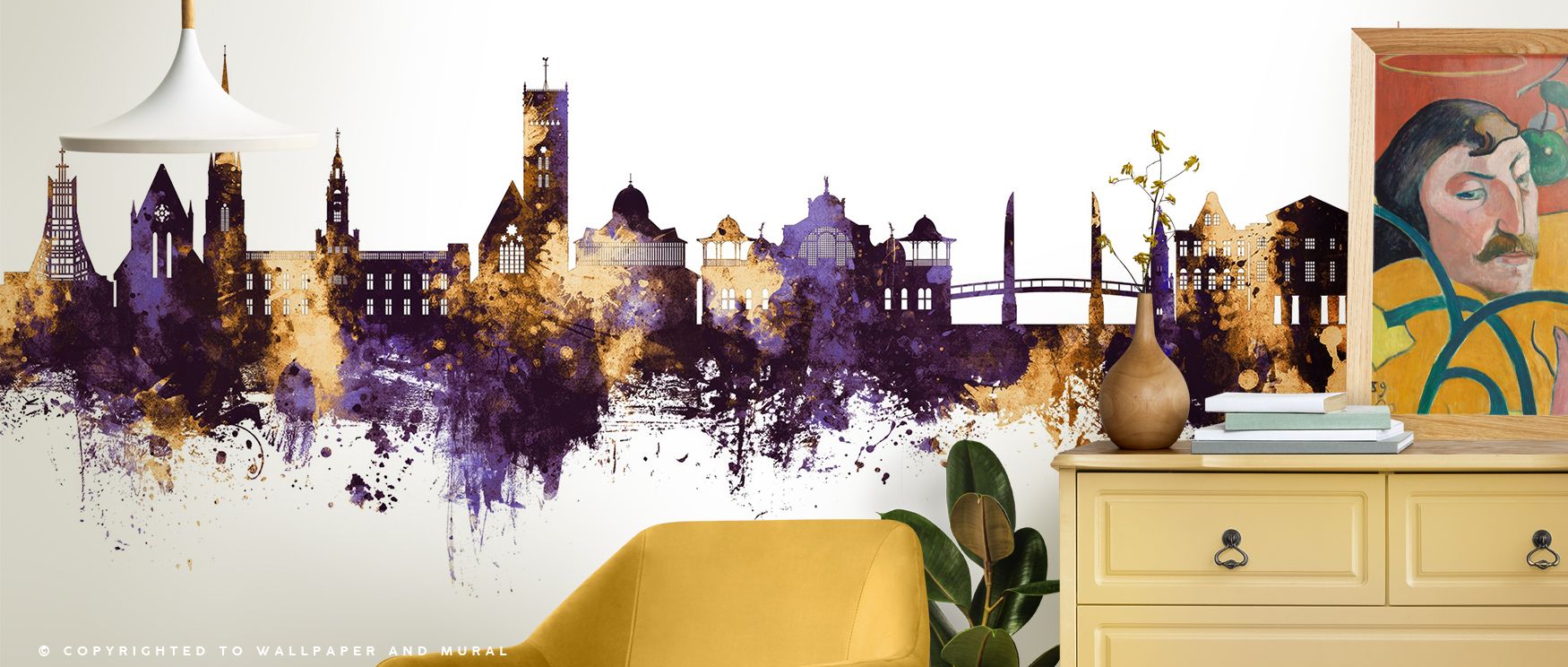 Torquay England Skyline with Purple & Gold Highlights Wallpaper conveys regal elegance where luminous tones highlight architectural silhouettes. Its palette balances rich purple and radiant gold, offering refined atmosphere. This artwork enriches bedrooms