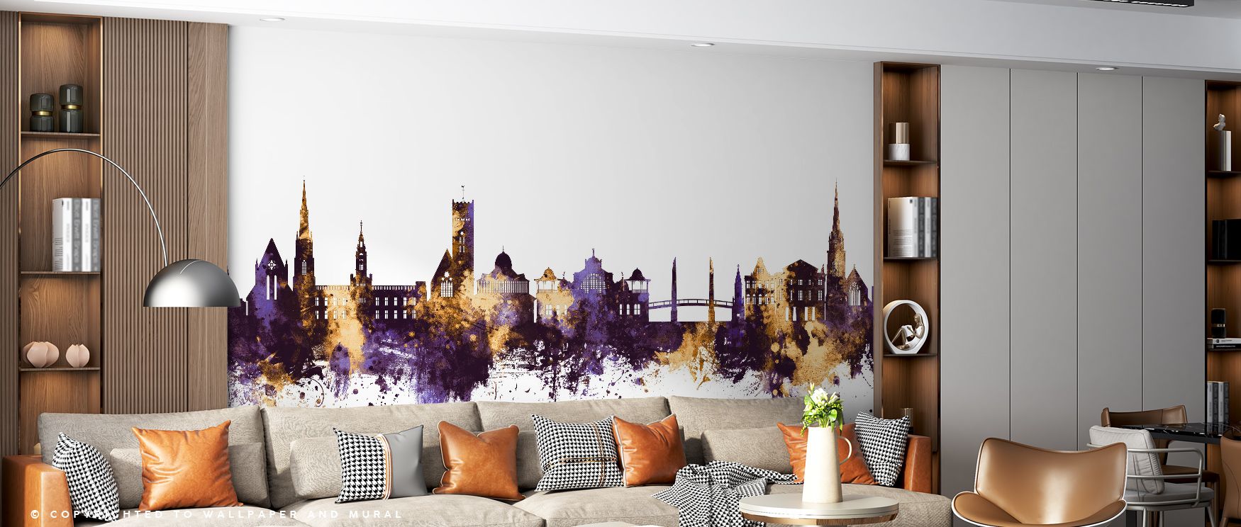 Refined atmosphere defines Torquay England Skyline with Purple & Gold Highlights Wallpaper, where cultural silhouettes glow in radiant purple and gold tones. Its palette conveys sophistication and charm, enriching interiors with timeless elegance. This ar