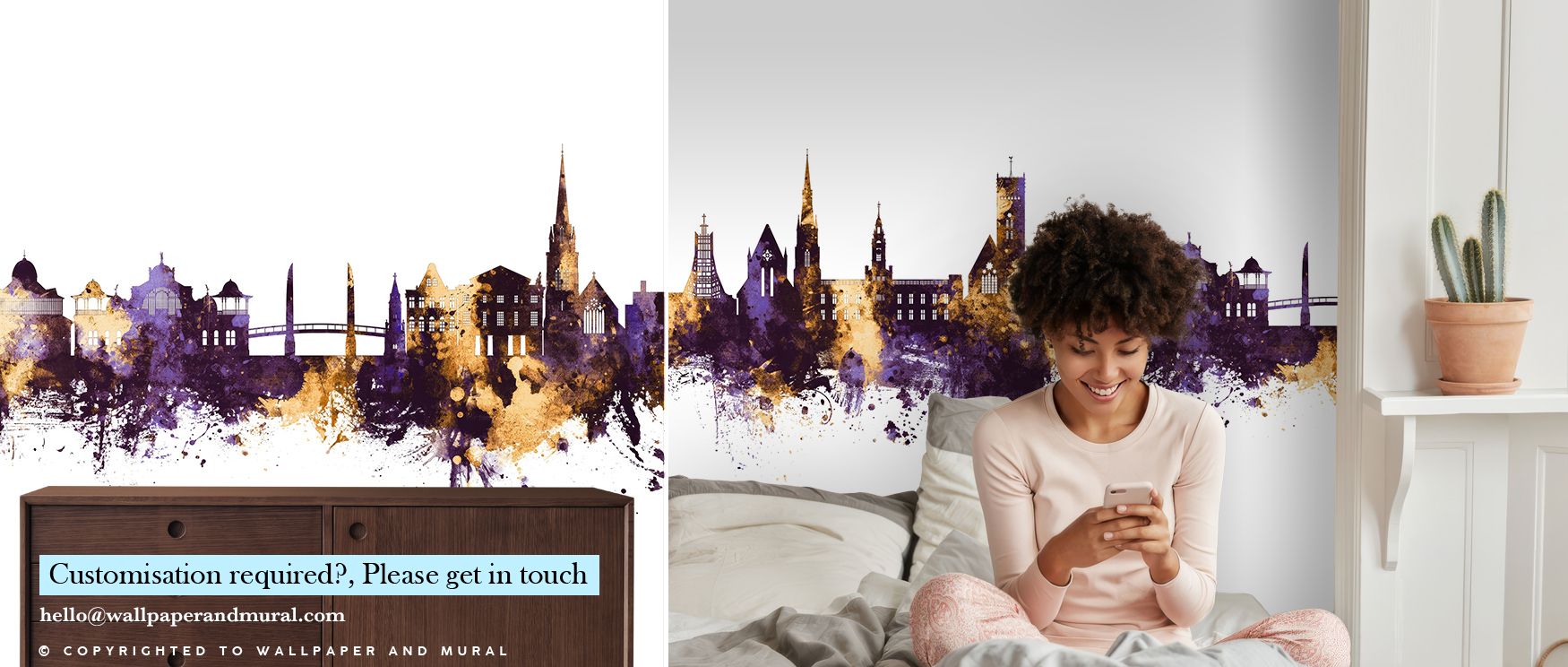 Torquay England Skyline with Purple & Gold Highlights Wallpaper illustrates cultural brilliance in luminous tones, where regal colors highlight architectural depth. Its design conveys elegance and timeless sophistication. This skyline enriches bedrooms, l