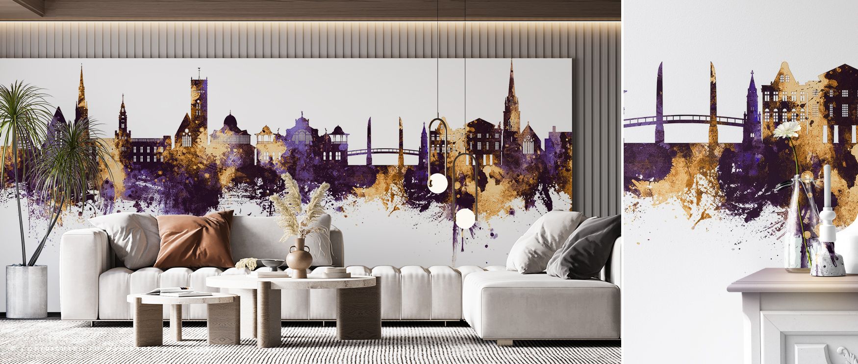 The Torquay England Skyline with Purple & Gold Highlights Wallpaper presents regal balance where purple and gold accents illuminate city silhouettes. Its tones convey sophistication and refinement, enriching interiors with cultural charm. This design enha