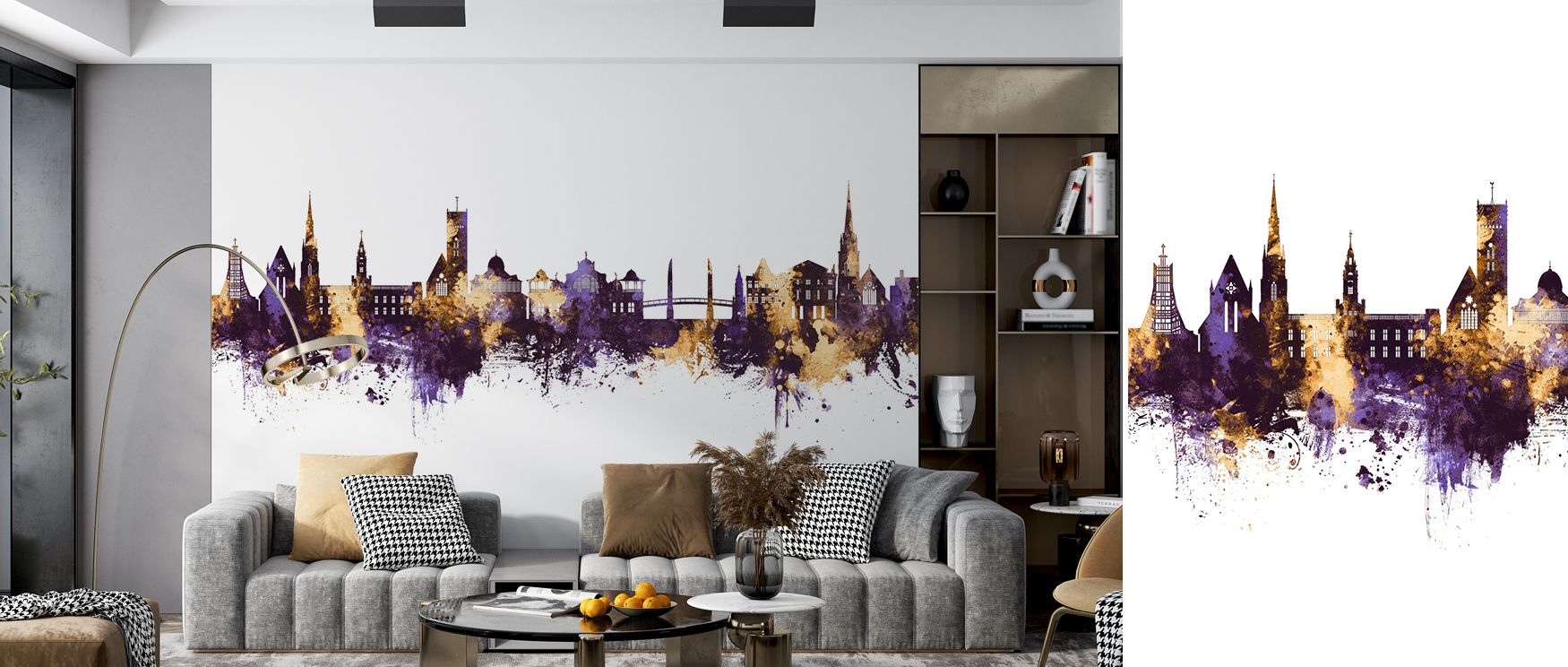 Luminous atmosphere flows through Torquay England Skyline with Purple & Gold Highlights Wallpaper, where regal hues highlight architectural forms. Its composition conveys cultural sophistication, offering timeless refinement. This design enriches bedrooms
