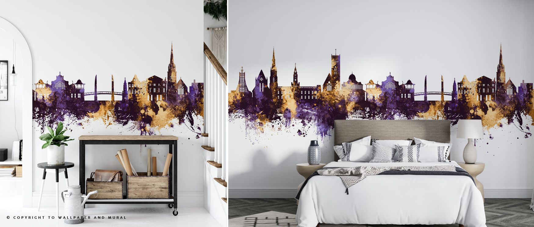 Torquay England Skyline with Purple & Gold Highlights Wallpaper embodies cultural refinement where regal colors illuminate architecture with grace. Its design conveys timeless elegance and charm, enriching interiors with luminous atmosphere. The skyline a