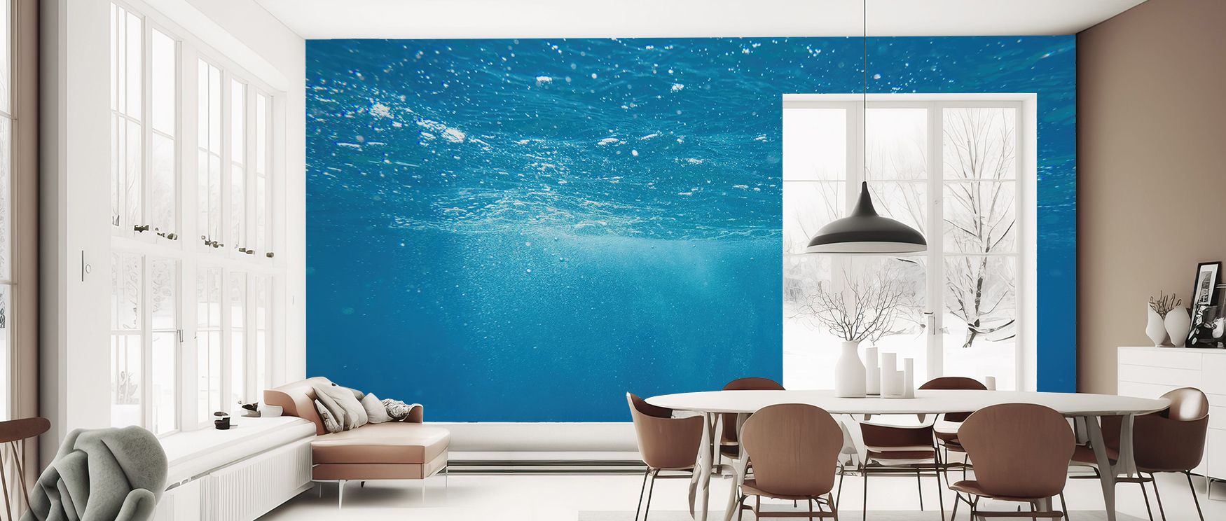 The realistic depiction of water, currents, and light in Underwater Serene Ocean Wall Art enriches living rooms, bedrooms, or offices with serene elegance, transforming walls into immersive underwater-inspired spaces. The subtle gradients and flowing text