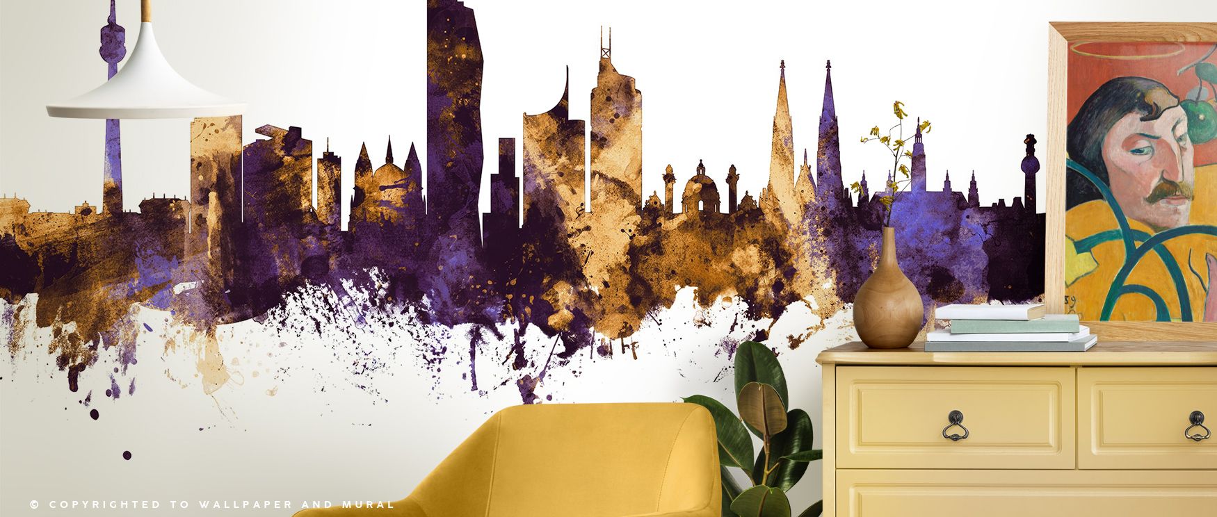 Vibrancy shines in the Vienna Austria Skyline with Purple & Gold Highlights Wallpaper, where glowing tones illuminate architectural form. Its design creates atmosphere filled with sophistication. Bedrooms, offices, or living rooms benefit from its presenc