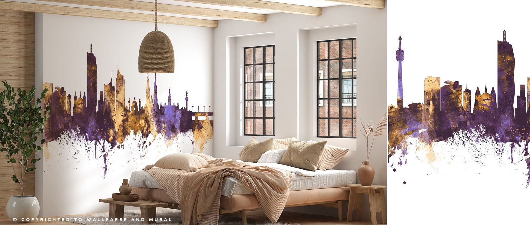 The Vienna Austria Skyline Purple & Gold Wallpaper conveys elegance through luminous tones of gold and purple. Its design highlights architectural silhouettes, enriching interiors with balance and cultural resonance. Living rooms, bedrooms, or offices glo