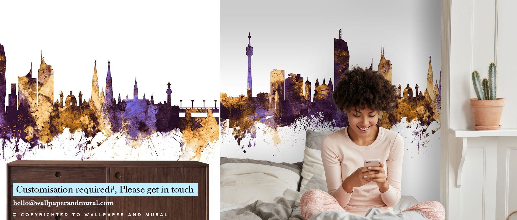 The Vienna Austria Skyline Purple & Gold Wallpaper offers sophistication through luminous tones, where purple vibrancy blends with golden warmth. Its design creates atmosphere alive with charm. Bedrooms, living rooms, or offices benefit from its presence,