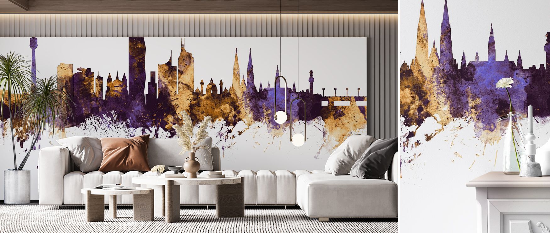 Glowing artistry defines the Vienna Austria Skyline with Purple & Gold Highlights Wallpaper, where architectural silhouettes shine in radiant tones. Its presence enriches interiors with cultural sophistication, adding atmosphere of charm. Bedrooms, office