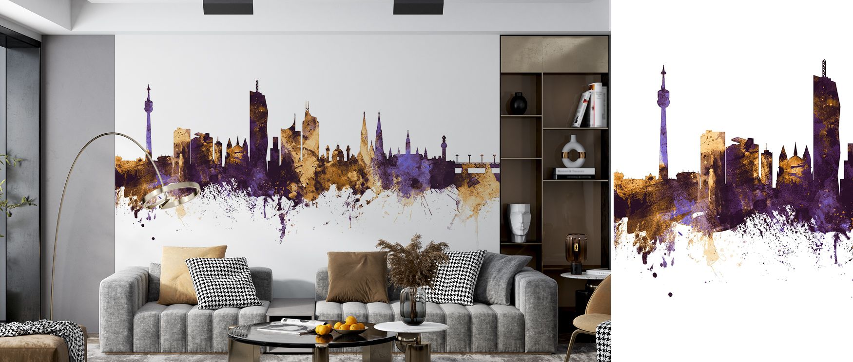 The Vienna Austria Skyline Purple & Gold Wallpaper reflects timeless grandeur, where luxurious tones enhance architecture. Its palette conveys elegance and balance, enriching interiors with atmosphere. Living rooms, bedrooms, or office spaces glow with cu