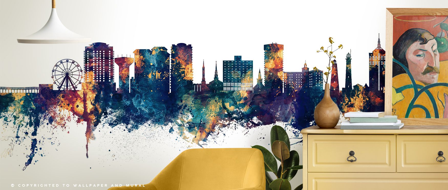 Virginia Beach Skyline with Blue & Bronze Highlights Wallpaper captures the elegance of a coastal cityscape where luminous blue and bronze tones reflect across detailed architectural lines, enriching living rooms, bedrooms, or offices with a sophisticated