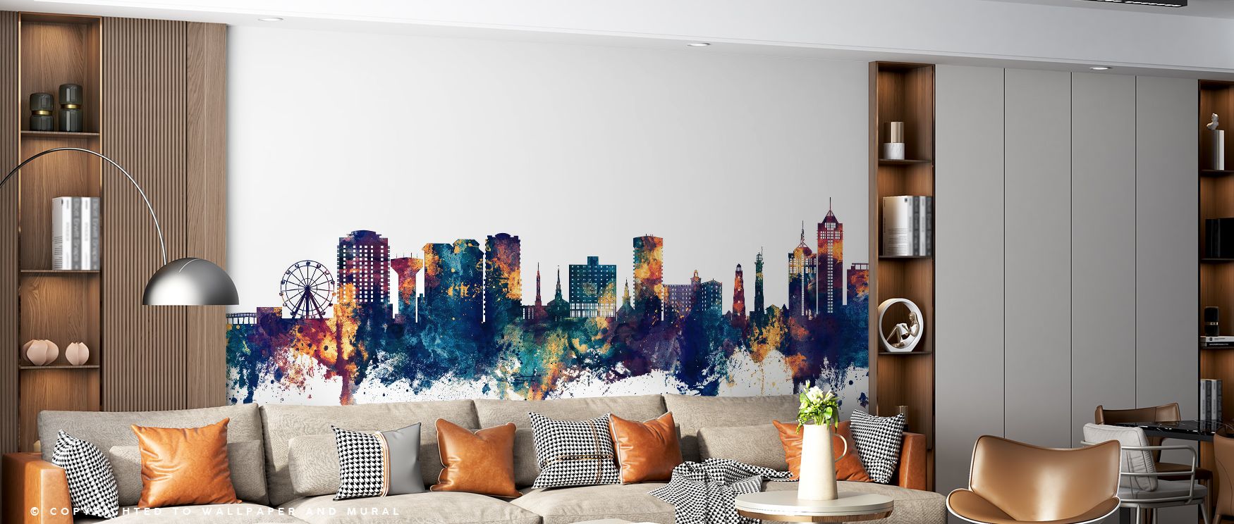 The design of the Virginia Beach Skyline with Blue & Bronze Highlights Wallpaper highlights the city’s skyline in a combination of rich blue and bronze hues, enhancing living rooms, bedrooms, or offices with modern charm and coastal luxury. The reflection