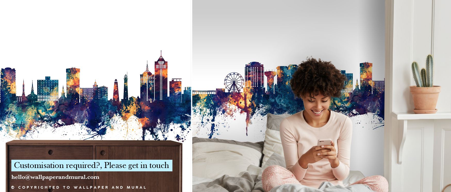 The Virginia Beach Skyline with Blue & Bronze Highlights Wallpaper portrays detailed buildings, shimmering highlights, and reflective waters, bringing a balanced blend of elegance and vibrancy into living rooms, bedrooms, or offices. The luxurious tones p