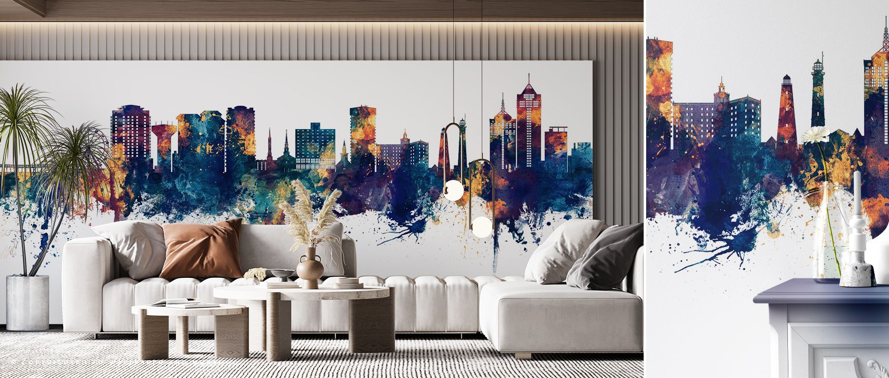 Rendered with attention to detail, the Virginia Beach Skyline with Blue & Bronze Highlights Wallpaper elevates living rooms, bedrooms, or offices with a modern yet timeless urban aesthetic, where subtle highlights and nuanced color contrasts create an ele