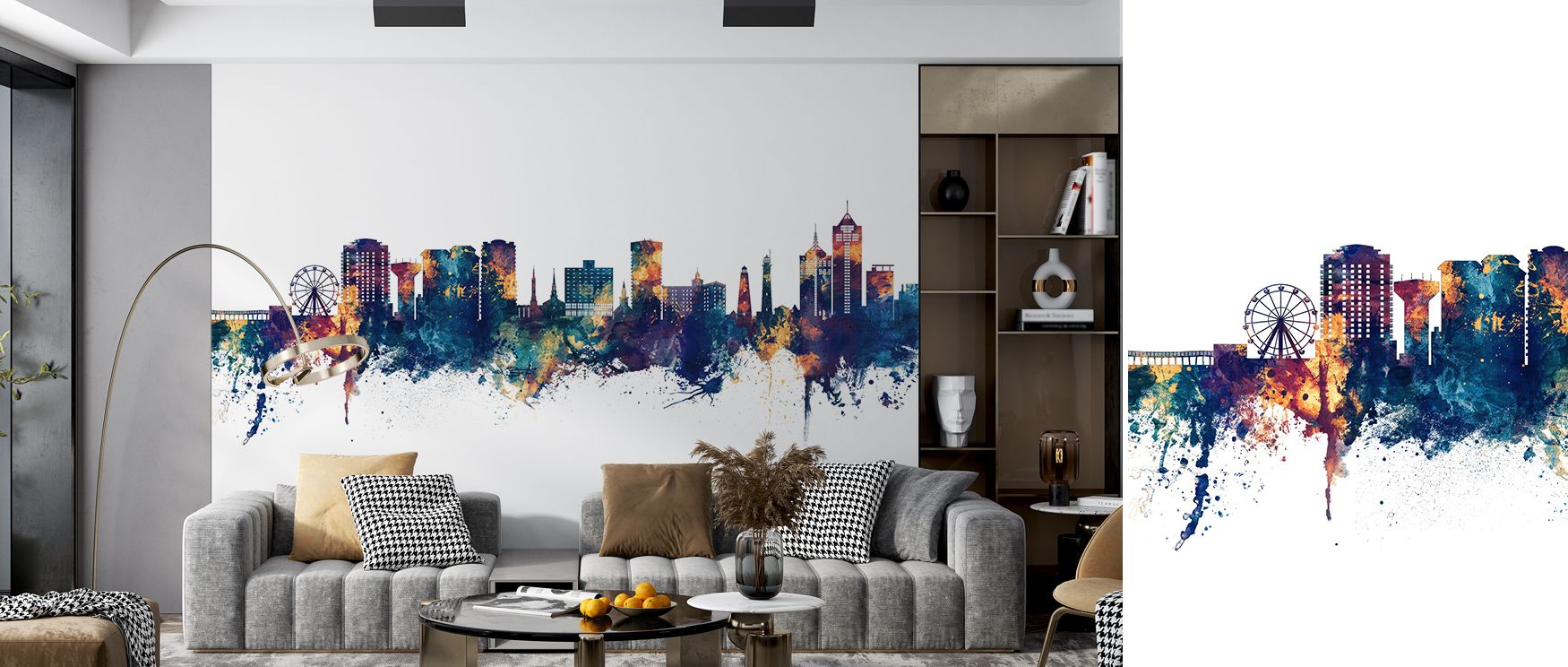 The Virginia Beach Skyline with Blue & Bronze Highlights Wallpaper emphasizes architectural contours and reflective surfaces, enhancing living rooms, bedrooms, or offices with a refined coastal urban atmosphere. The dynamic composition combines luminous h