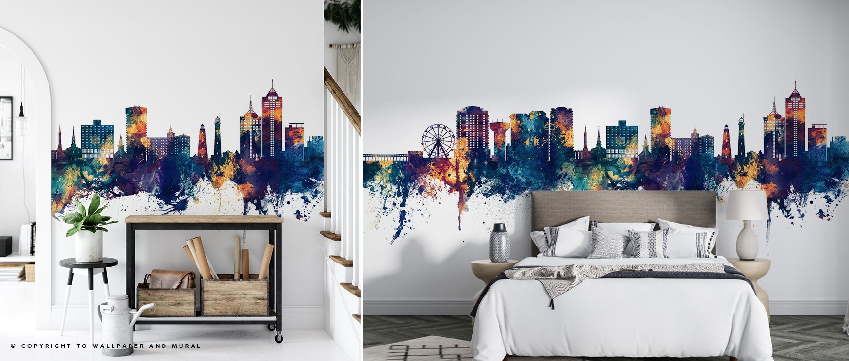 The intricate rendering of buildings and waterfront reflections in the Virginia Beach Skyline with Blue & Bronze Highlights Wallpaper adds dimension and allure to living rooms, bedrooms, or offices. The interplay of bronze and blue hues evokes sophisticat