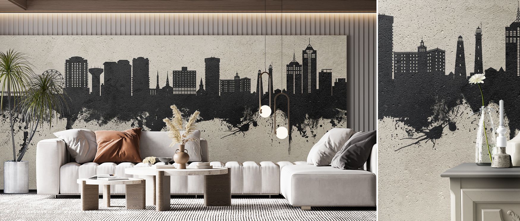 The detailed rendering in Virginia Beach Skyline in Concrete Wallpaper captures the essence of the city with muted concrete hues and realistic shading, enhancing living rooms, bedrooms, or offices with modern urban charm. The design offers depth and visua