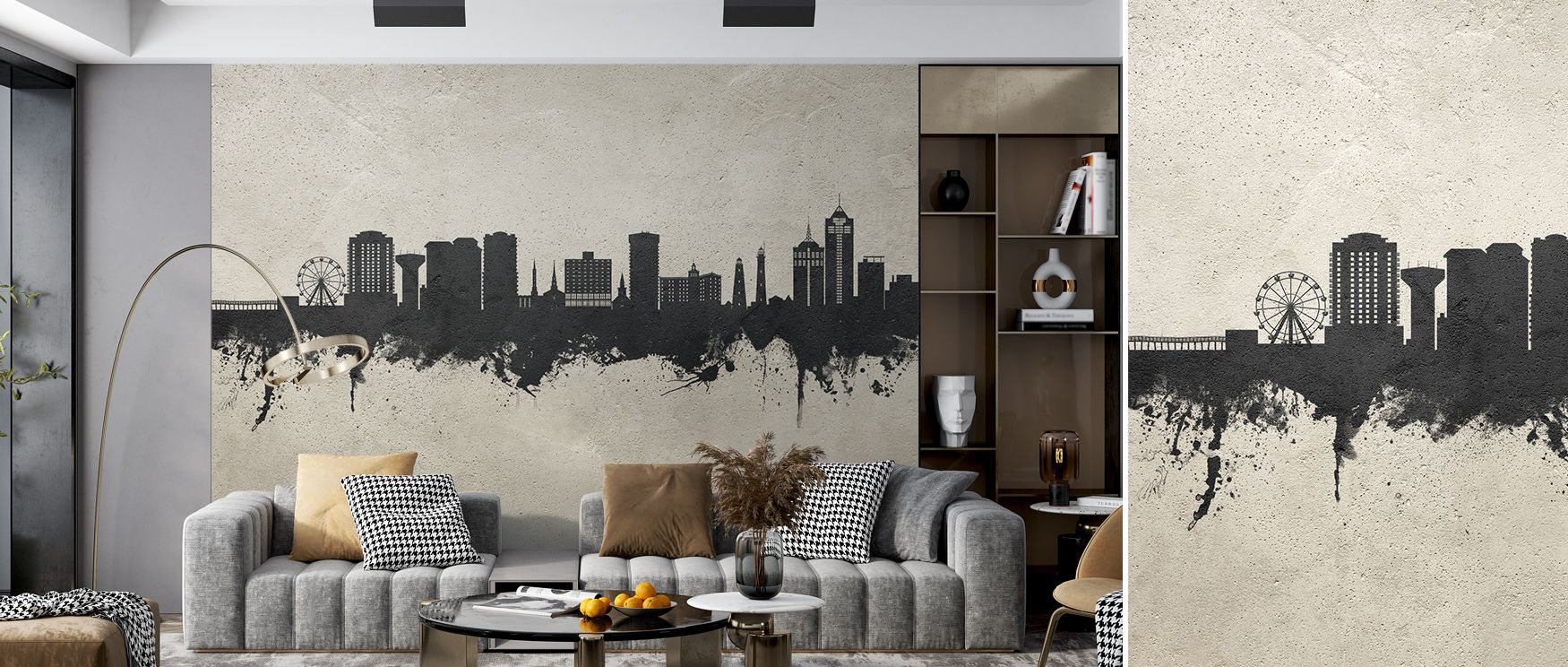 The Virginia Beach Skyline in Concrete Wallpaper portrays clean concrete textures and structured city elements, bringing contemporary elegance and architectural clarity into living rooms, bedrooms, or offices. The combination of shadows and highlights emp