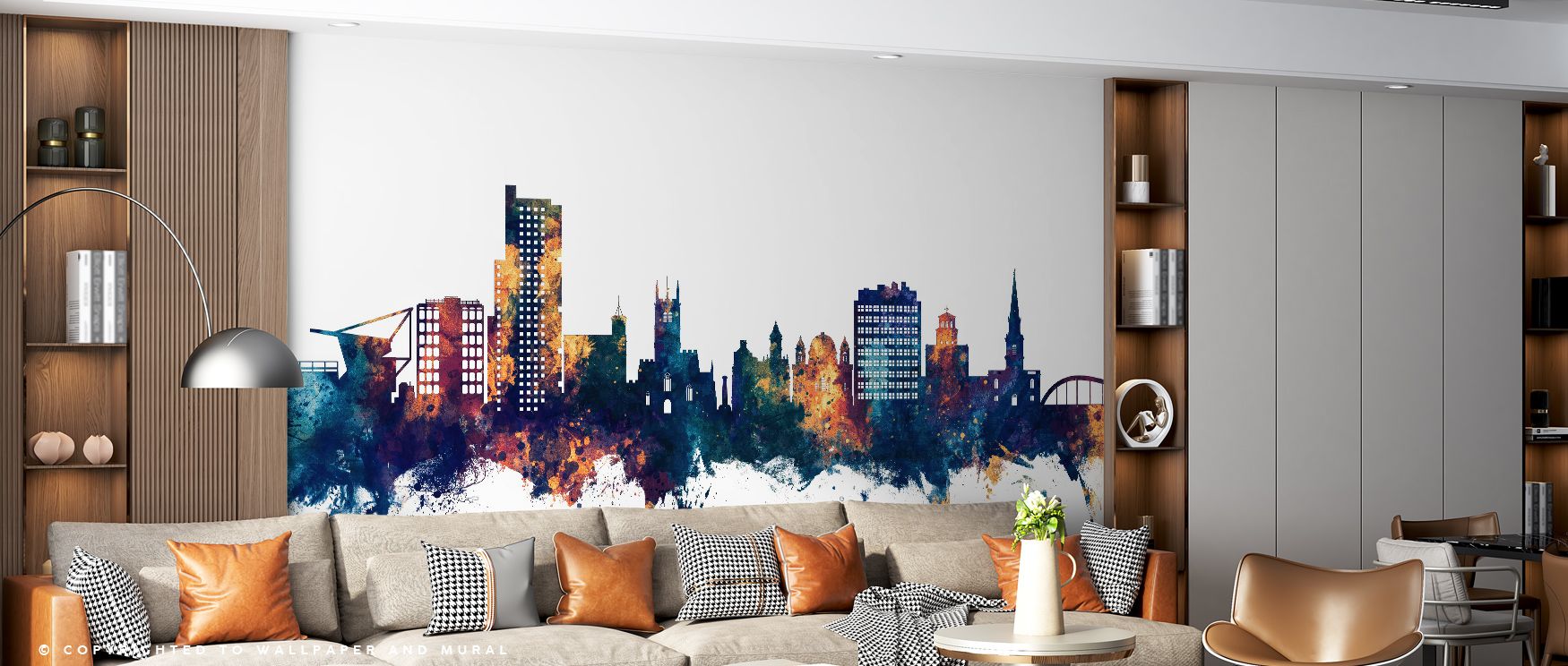 The Wolverhampton England Skyline with Blue & Bronze Highlights Wallpaper reflects elegance, where blue and bronze inspire heritage. Its tones enrich interiors with atmosphere of calm. Bedrooms, offices, or living rooms glow with sophistication, filled wi