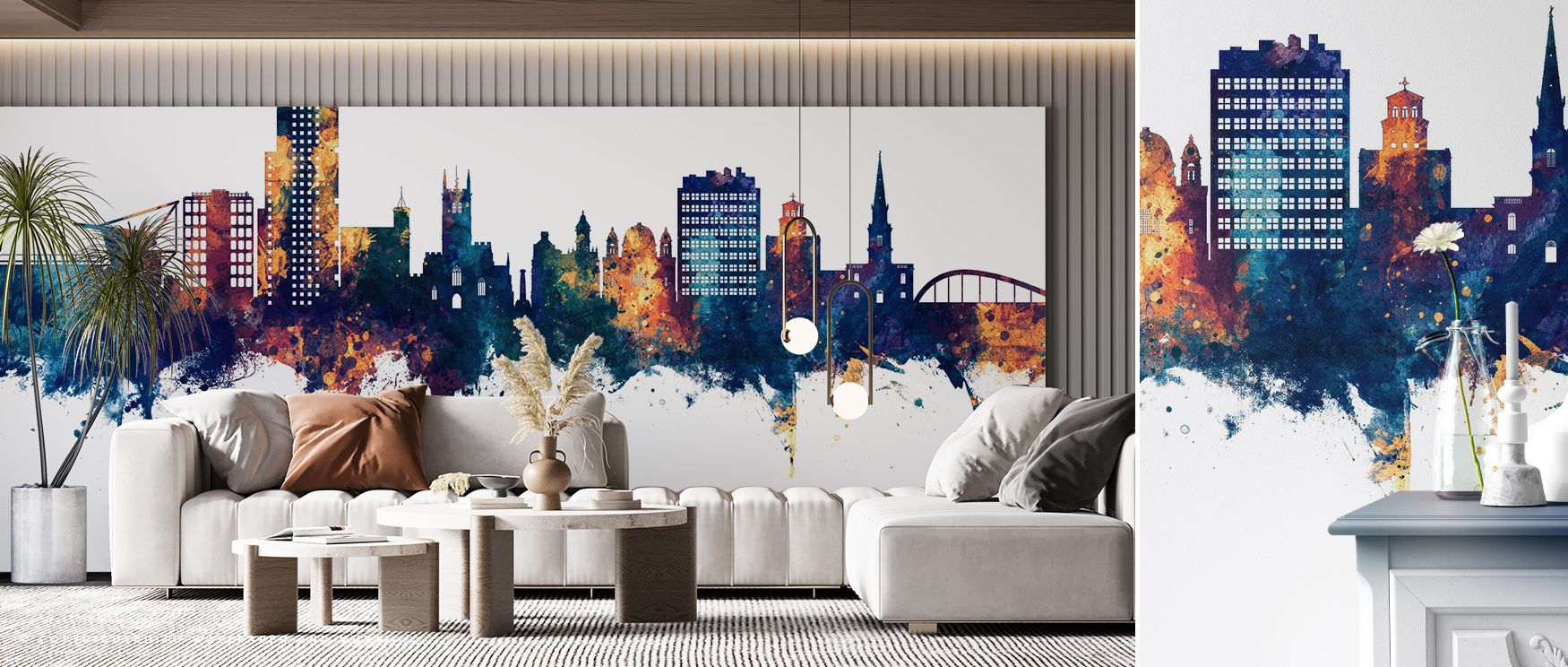 The Wolverhampton England Skyline with Blue & Bronze Highlights Wallpaper conveys heritage, where urban tones highlight rhythm. Its design enhances interiors with atmosphere of refinement. Bedrooms, offices, or living rooms glow with sophistication, fille
