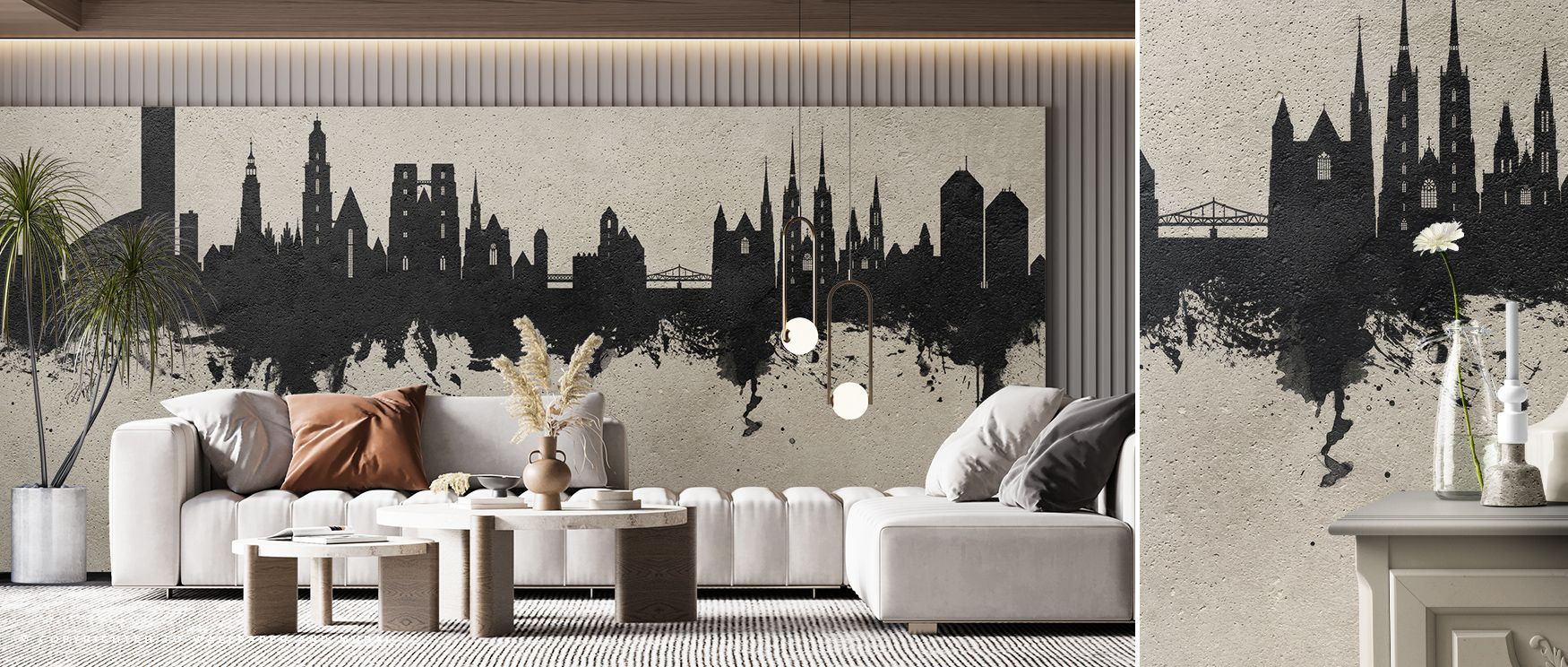 The Wroclaw Poland Skyline in Concrete Wallpaper reflects permanence, where muted lines enrich architecture. Its tones enhance interiors with atmosphere of elegance. Bedrooms, offices, or living areas glow with sophistication, filled with timeless artistr