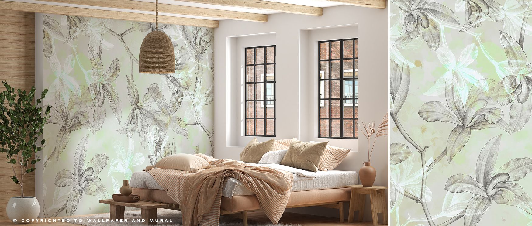 Floral with Green Accent Wall Mural features soft floral motifs accented with vibrant green tones, enhancing living rooms, bedrooms, or offices with freshness and natural charm. Each flower is depicted with careful detailing and subtle textures, creating 