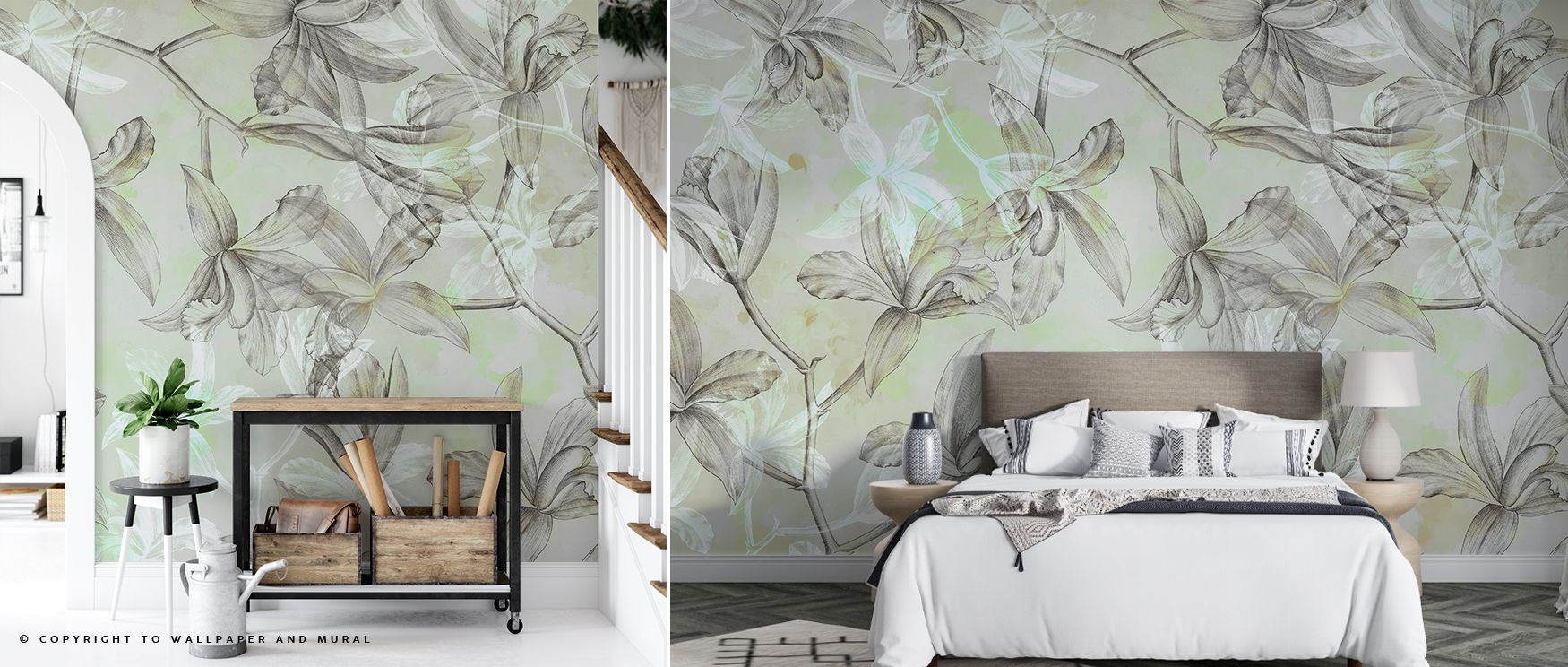 The soft blooms paired with green accents in the Floral with Green Accent Wall Mural create a dynamic and harmonious composition that enlivens living rooms, bedrooms, or offices. The artwork’s flowing textures and naturalistic detailing convey movement an