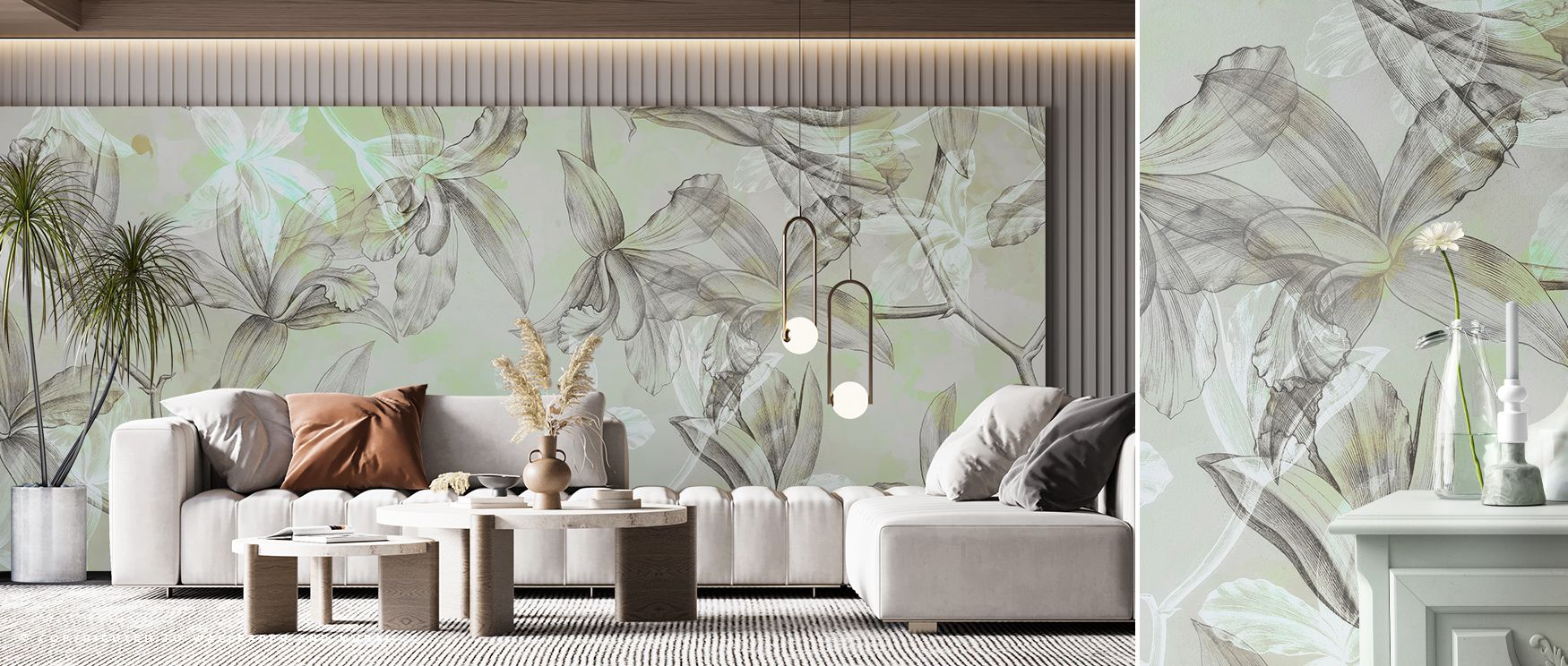 The Floral with Green Accent Wall Mural highlights delicate flowers with rich green accents, bringing a sense of freshness and sophistication to living rooms, bedrooms, or offices. The nuanced gradients, subtle shadows, and organic textures enhance depth 