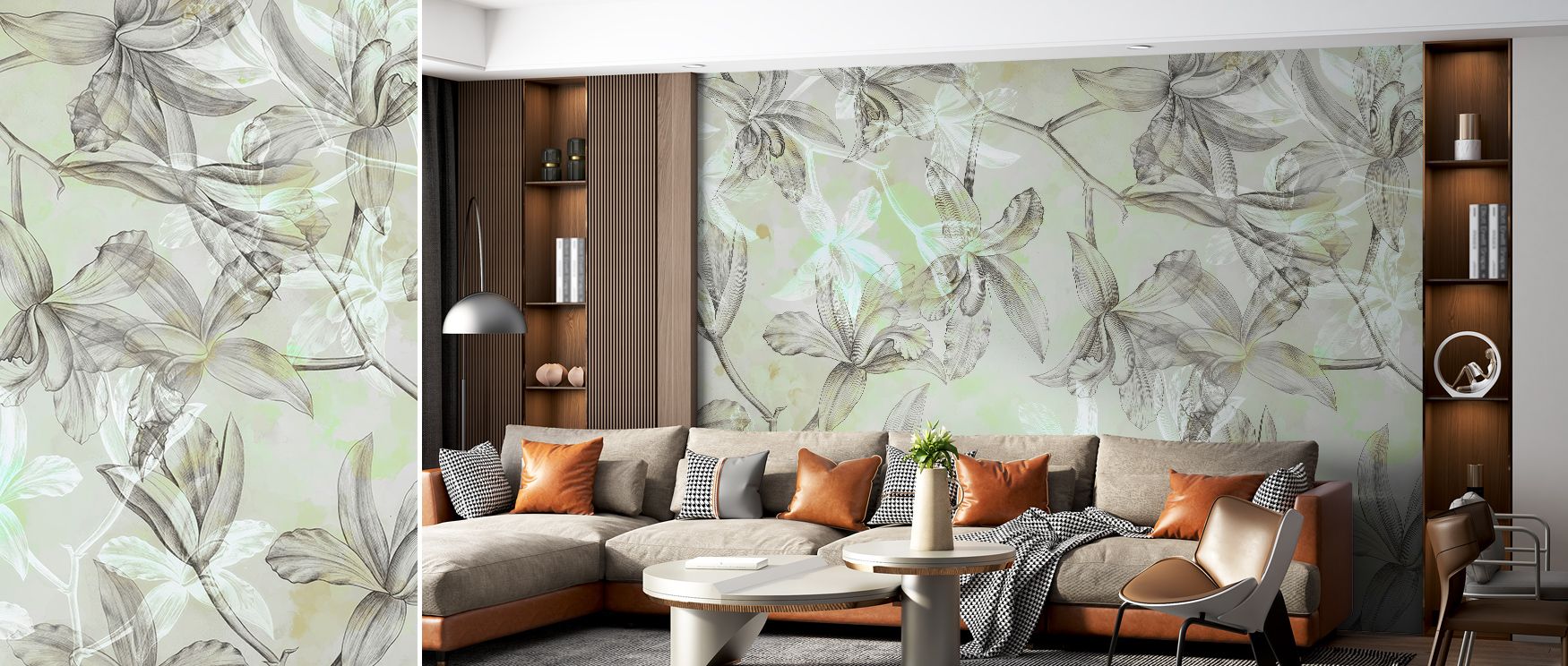 The harmonious balance of petals and vibrant highlights in the Floral with Green Accent Wall Mural enriches living rooms, bedrooms, or offices with a lively yet refined aesthetic. The soft textures and intricate details create an immersive floral experien