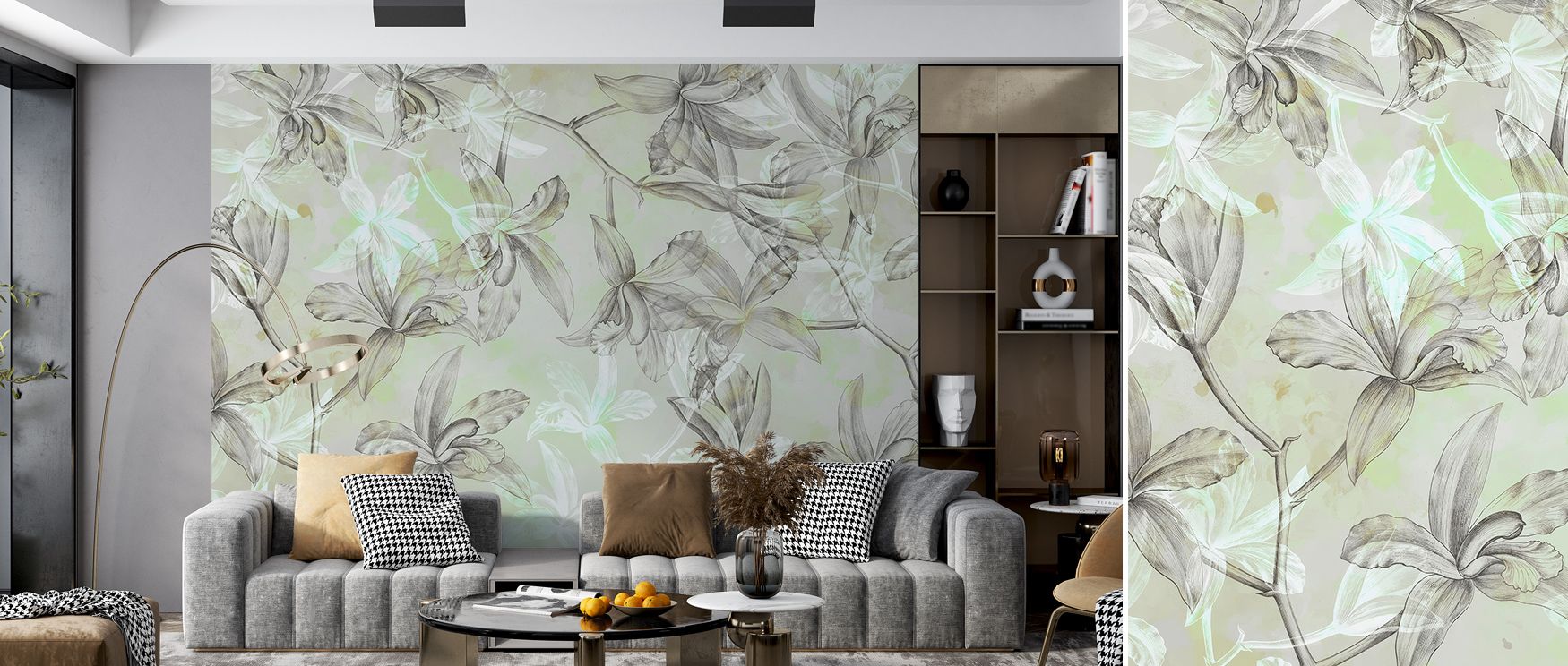 The Floral with Green Accent Wall Mural brings natural freshness to living rooms, bedrooms, or offices through flowing floral patterns and vibrant green highlights. The detailed composition conveys both visual interest and serenity, offering a versatile a