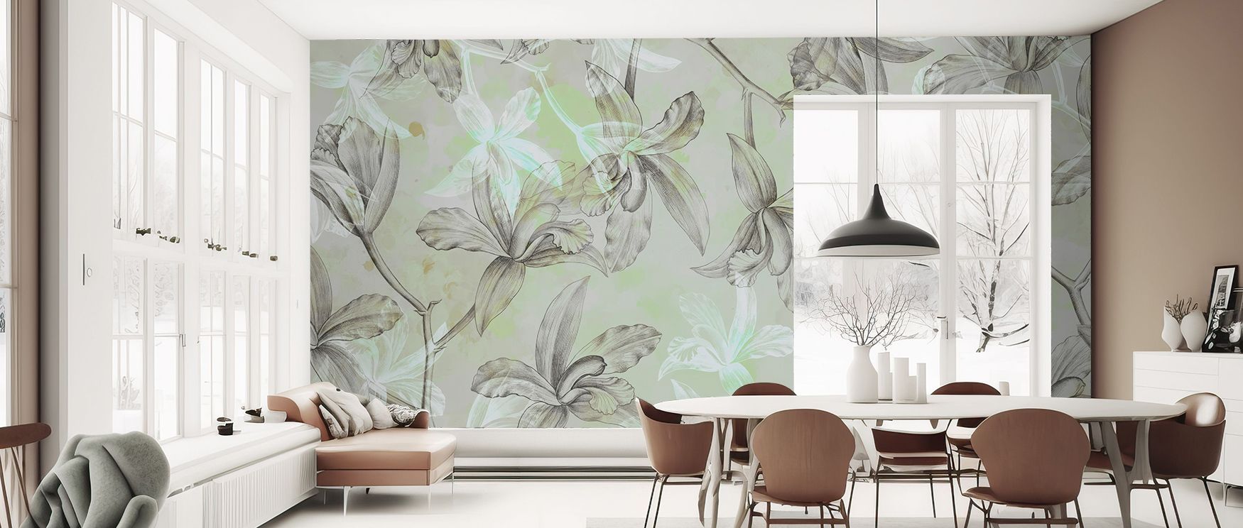 The delicate flowers and green tones in the Floral with Green Accent Wall Mural transform living rooms, bedrooms, or offices into bright and inviting spaces, combining subtle visual movement with naturalistic elegance. Each element is carefully crafted to