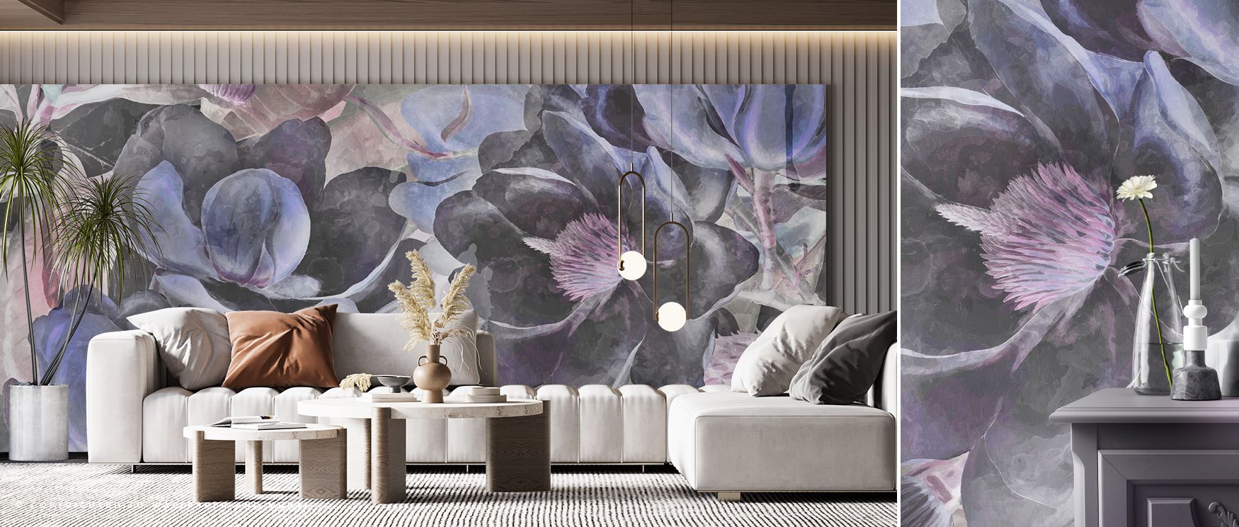 The Dark Floral with Purple Accent Wall Mural emphasizes deep florals and vibrant highlights, providing a rich, dimensional focal point for living rooms, bedrooms, or dining areas. The textures, gradients, and subtle shading evoke sophistication and immer