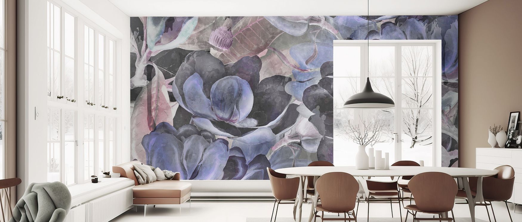 The flowing dark petals and purple accents in the Dark Floral with Purple Accent Wall Mural enrich living rooms, bedrooms, or dining areas with visual drama and elegance. The composition balances boldness with harmony, creating an eye-catching, refined fo