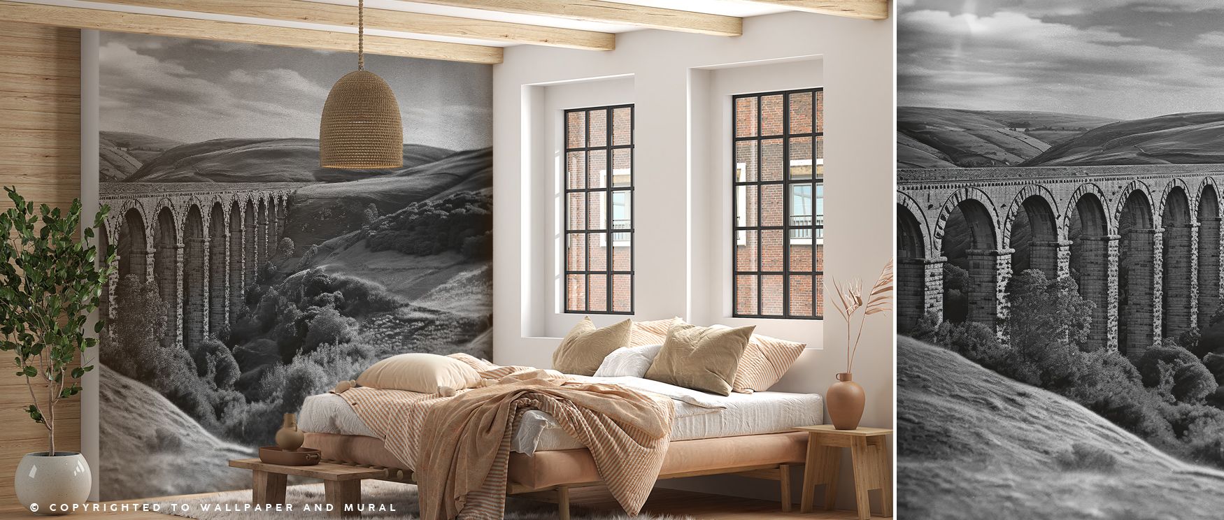 Acqueduct III Wall Mural portrays the grandeur of an ancient aqueduct, enhancing living rooms, offices, or bedrooms with timeless sophistication. Its finely detailed arches and stone textures convey depth and elegance, transforming walls into architectura