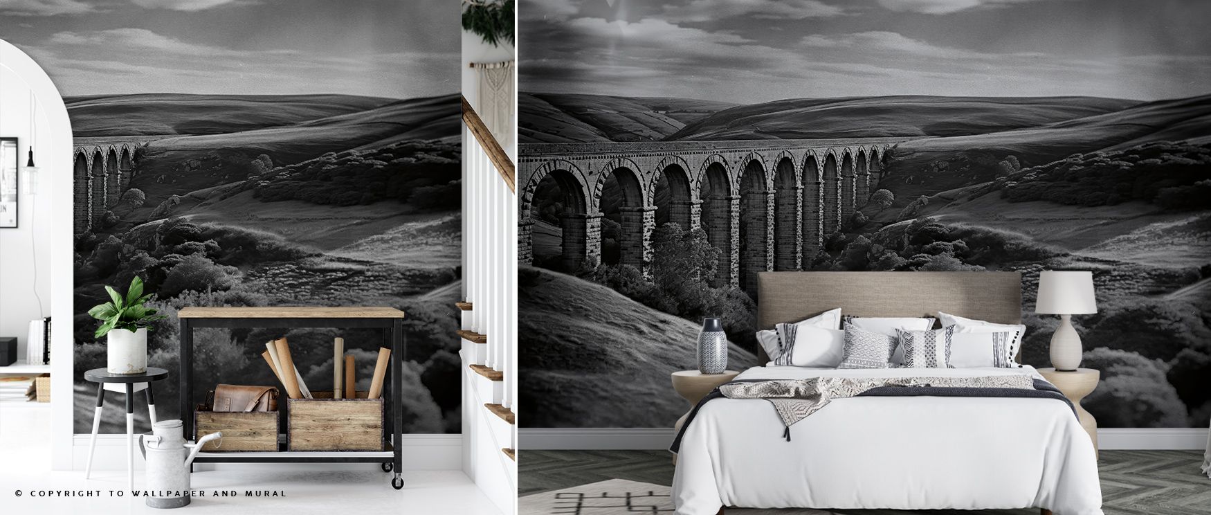 The Acqueduct III Wall Mural emphasizes detailed stonework, arches, and perspective, offering sophistication and depth to living rooms, offices, or bedrooms. The realistic shading and neutral tones create harmony and timeless appeal, making walls immersiv
