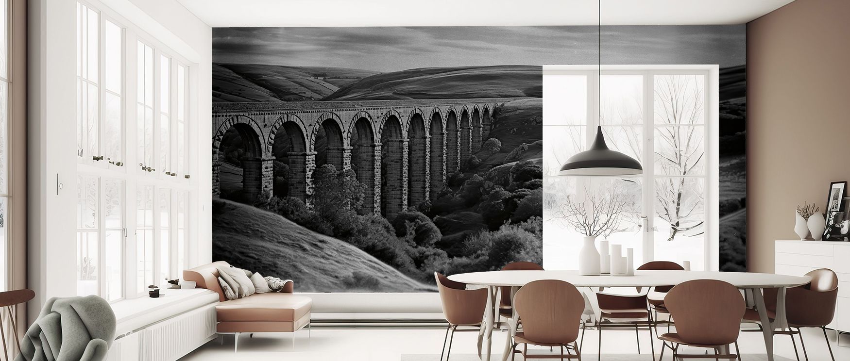 The Acqueduct III Wall Mural celebrates architectural heritage through detailed arches and subtle shading, enhancing living rooms, offices, or bedrooms with elegant historical presence. The design blends artistry and realism, creating refined sophisticati