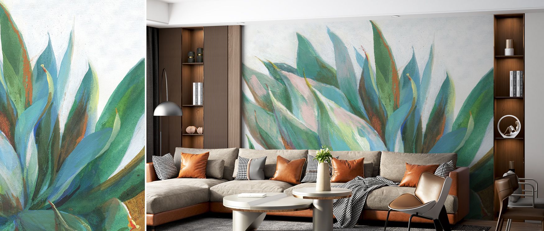 The Agave Aspiration Wall Mural conveys tranquility and sophistication through its depiction of agave leaves, offering living rooms, bedrooms, or offices a calming presence. The natural palette enhances interiors with soft elegance while maintaining harmo