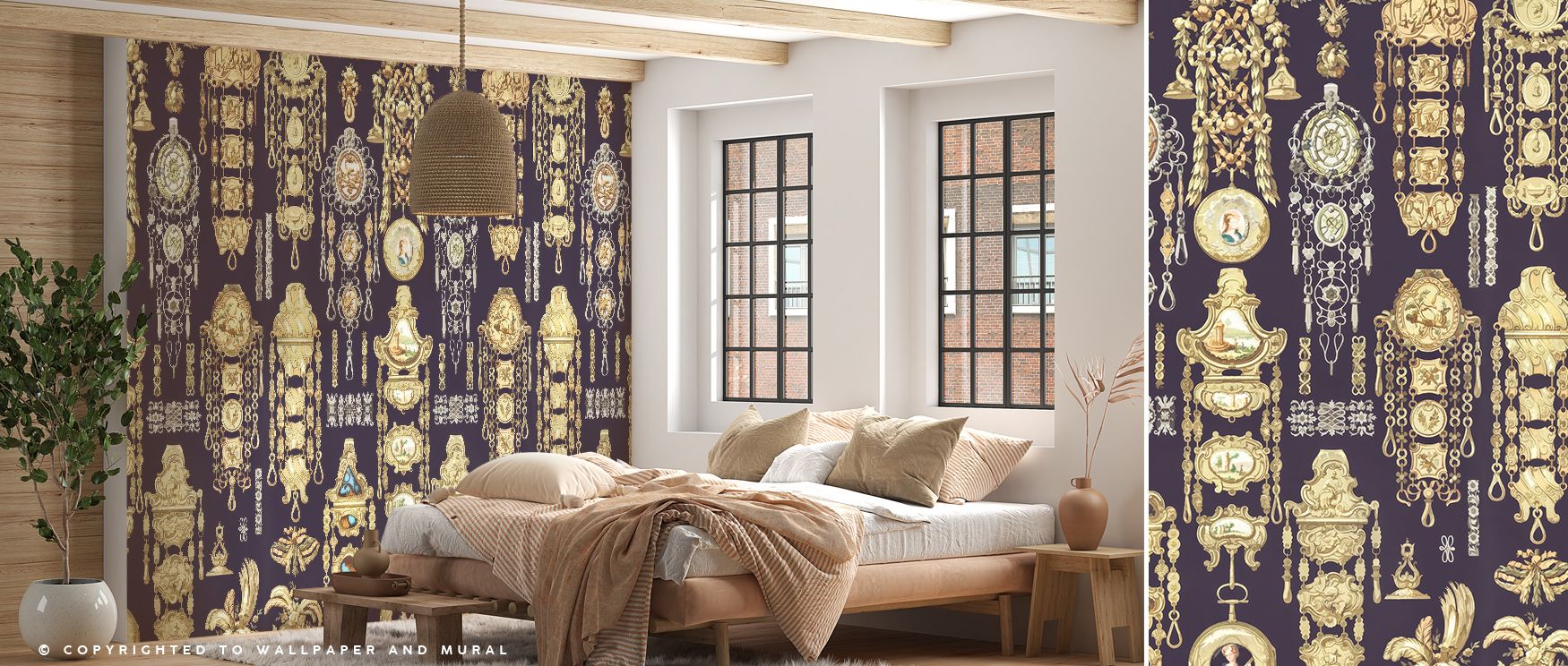 Antique Jewelleries Dark Wallpaper presents intricate jewelry motifs in exquisite detail, set against a dramatic dark background, enhancing living rooms, bedrooms, or dressing areas with vintage refinement. The shimmering details and ornate patterns creat