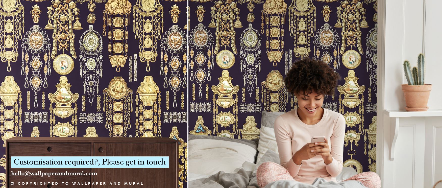 The rich contrasts and delicate textures in the Antique Jewelleries Dark Wallpaper bring sophistication and visual drama to living rooms, bedrooms, or dressing areas. The detailed illustrations highlight elegance, history, and craftsmanship, elevating int