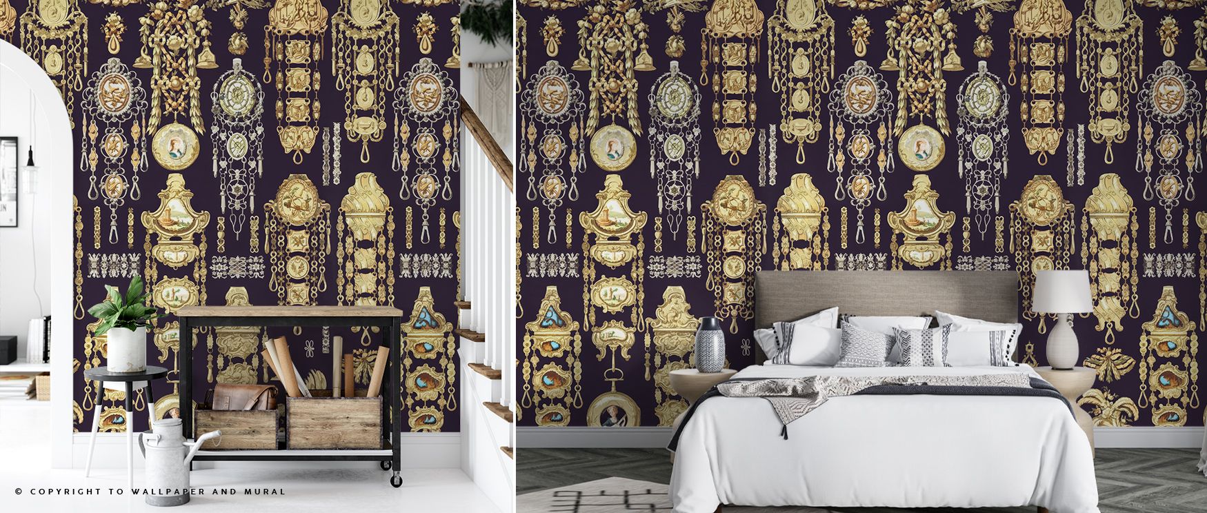 In the Antique Jewelleries Dark Wallpaper, intricate jewelry forms and dark tones create balance and sophistication, enriching living rooms, bedrooms, or dressing areas with timeless elegance. The refined contrasts offer visual intrigue and historic charm