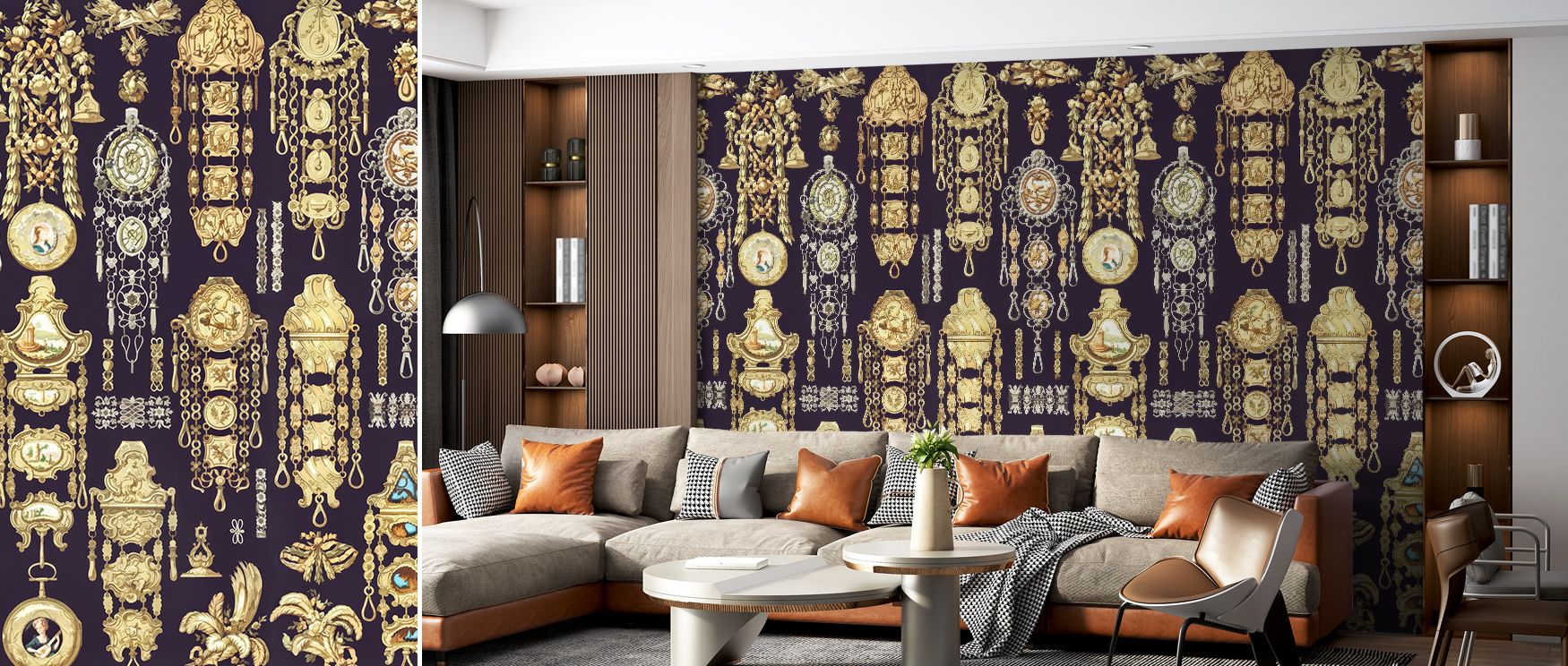 The intricate patterns in the Antique Jewelleries Dark Wallpaper enrich interiors with vintage elegance, transforming living rooms, bedrooms, or dressing areas into cultured and refined spaces filled with historic allure. 