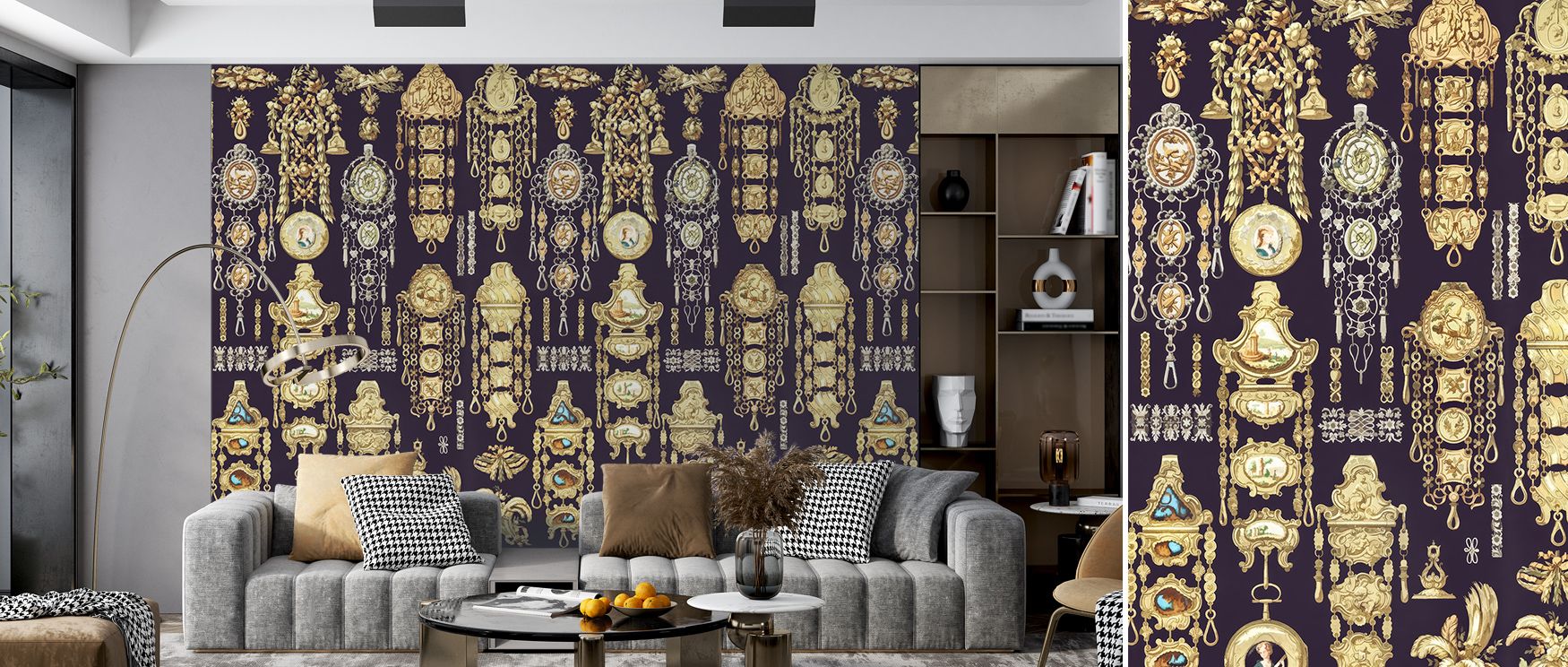 The Antique Jewelleries Dark Wallpaper highlights intricate design and timeless charm, providing living rooms, bedrooms, or dressing areas with luxury and sophistication. The detailed motifs create an immersive, refined atmosphere. 